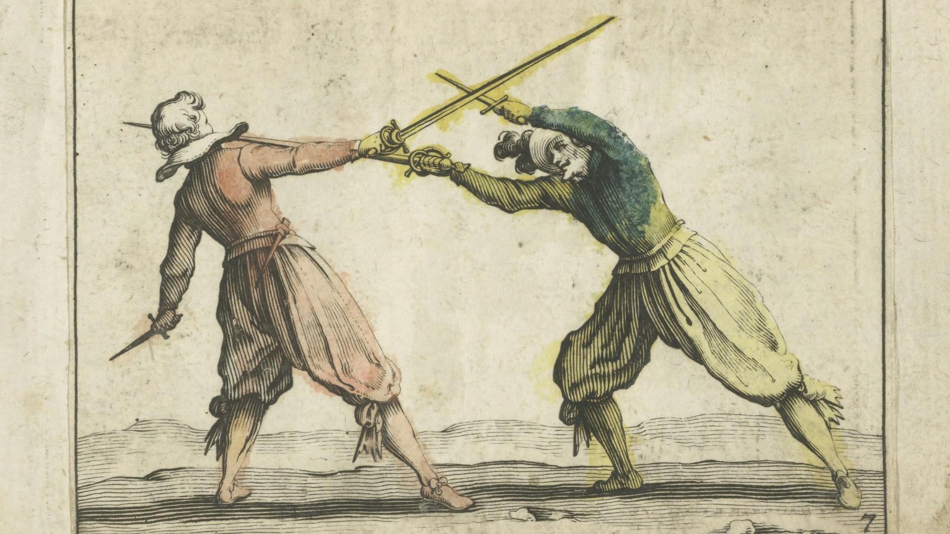 Die Regime der Kulturalisierung greifen an. Darstellung von Schauspielern bei einer Fechtübung (von 1621).