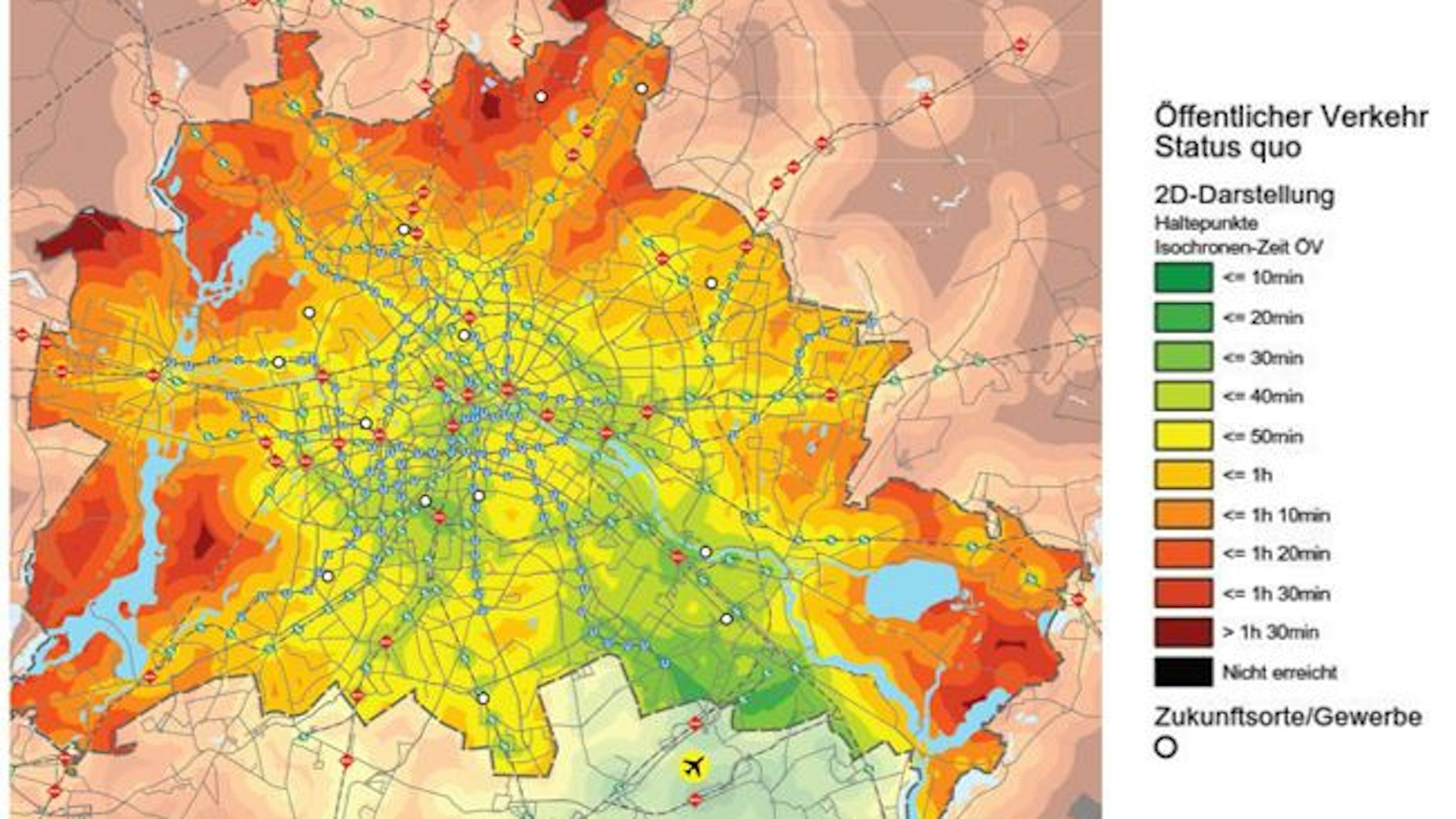 Das erwarten die Gutachter für 2040 im Nahverkehr: Auch für viele Bahnnutzer verlängert sich die Fahrzeit zum nächsten Flughafen. Trotzdem geht es auf der Schiene meist schneller zum BER als auf der Straße.