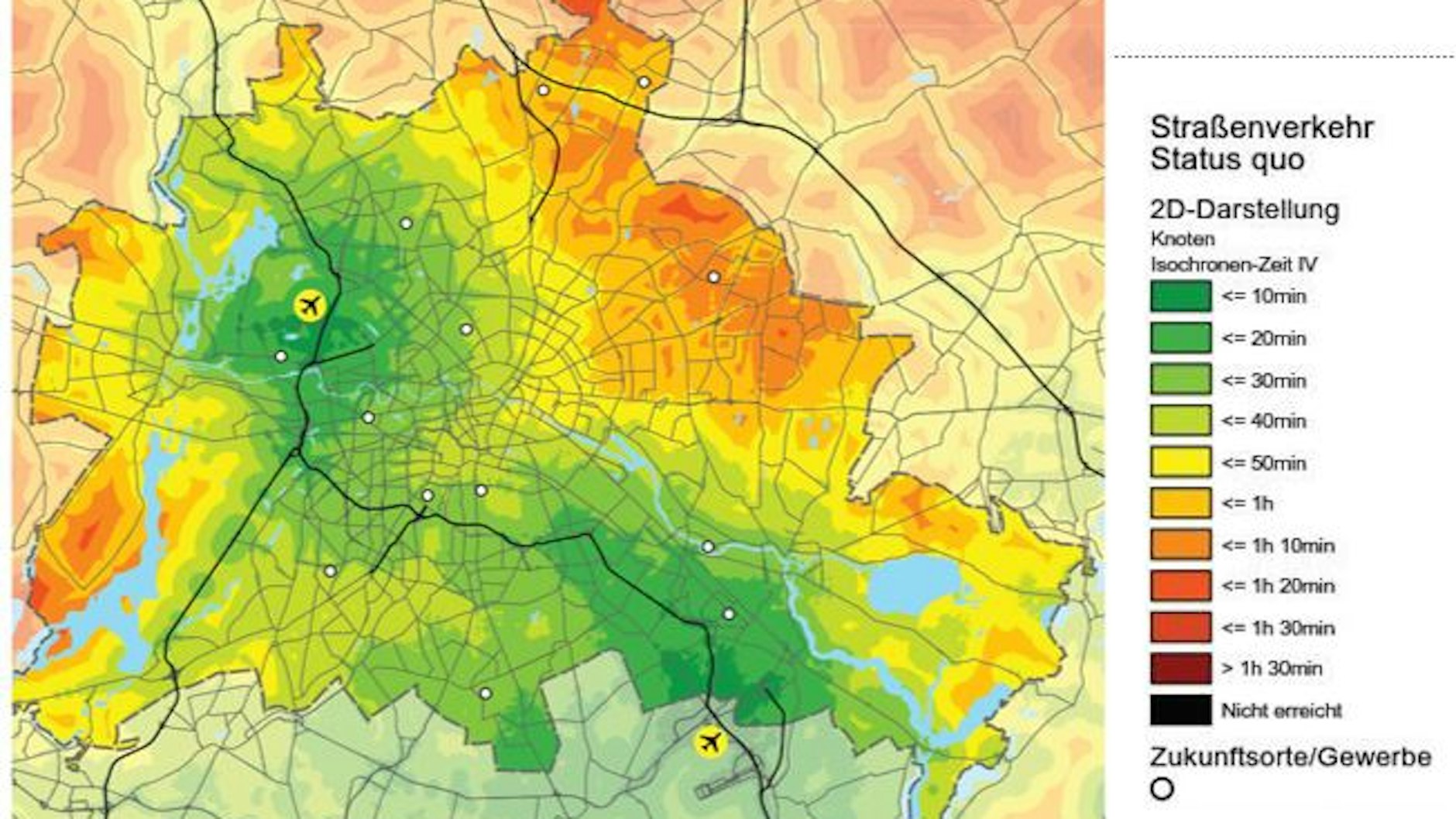 So ist es derzeit: Die Farben zeigen, wie lang man derzeit mit dem Auto zu den Flughäfen Tegel und Schönefeld unterwegs ist. Ergebnis: Auf der Straße sind die Airports aus dem gesamten Stadtgebiet gut erreichbar.&nbsp;