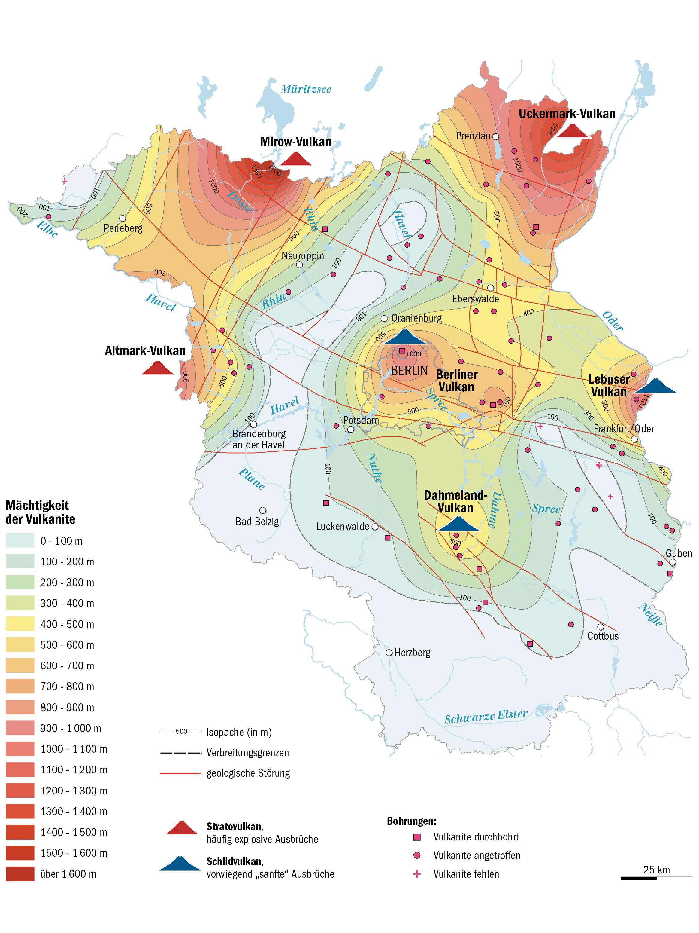 Position der sechs Vulkane im Berliner und Brandenburger Untergrund. Die Linien zeigen die (Rest-)Mächtigkeiten der vulkanischen Gesteine, der Vulkanite,  aus der Perm-Zeit an (unter Berlins Zentrum mehr als 800 Meter, unter Potsdam mehr als 100). Datengrundlage sind Messungen aus der DDR