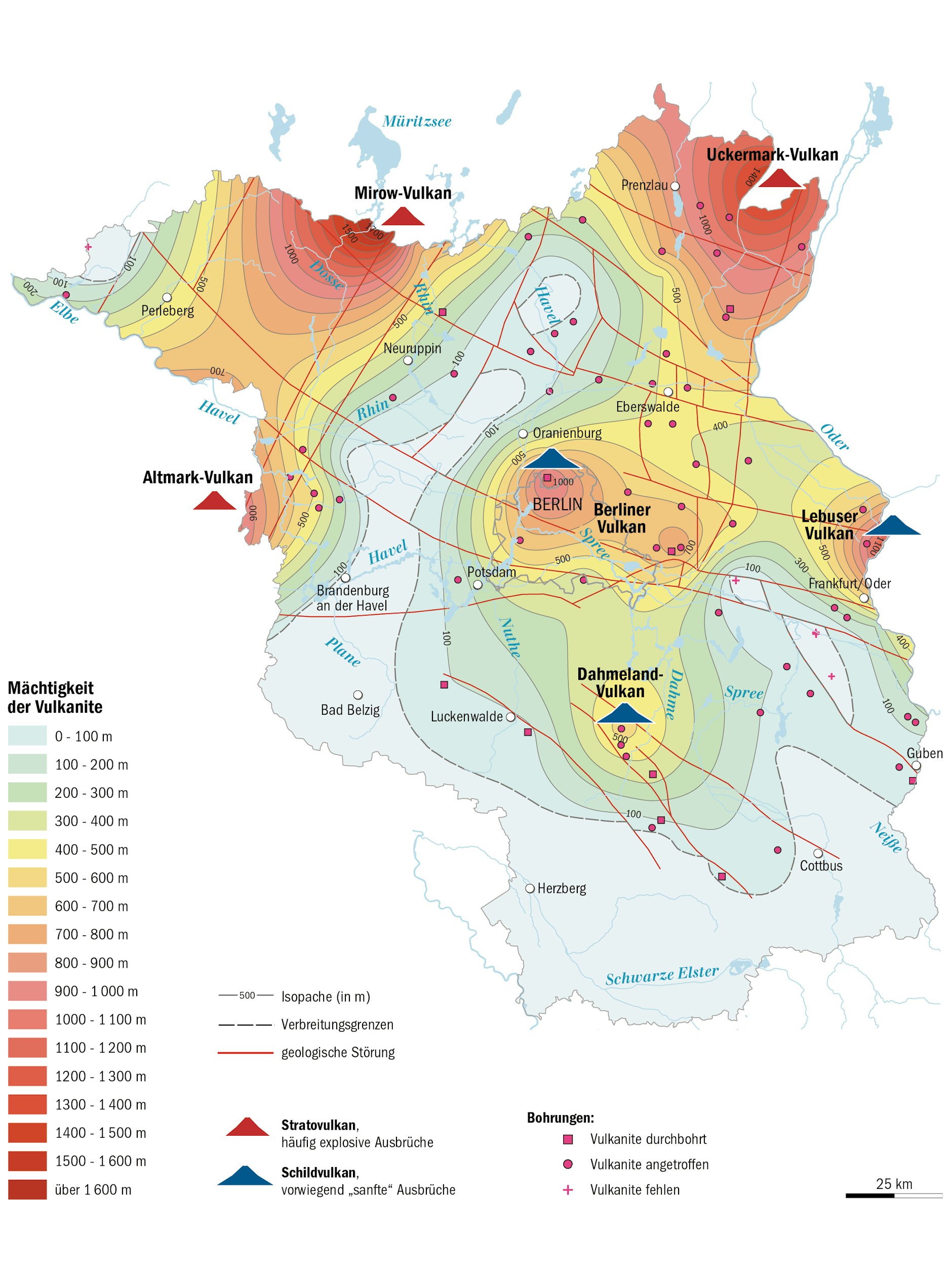 Position der sechs Vulkane im Berliner und Brandenburger Untergrund. Die Linien zeigen die (Rest-)Mächtigkeiten der vulkanischen Gesteine, der Vulkanite, aus der Perm-Zeit an (unter Berlins Zentrum mehr als 800 Meter, unter Potsdam mehr als 100). Datengrundlage sind Messungen aus der DDR