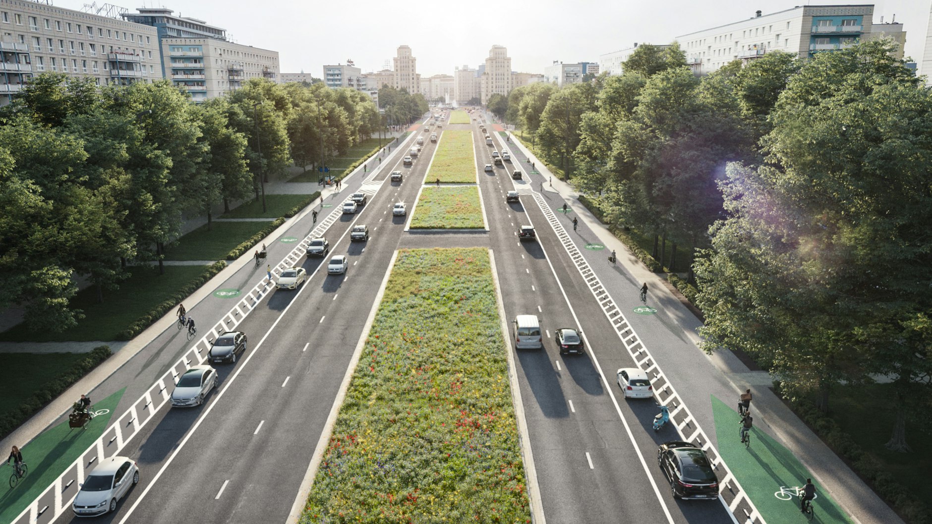So könnte die Karl-Marx-Allee nach der Umgestaltung aussheen - Wiese statt Parkplätze auf dem Mittelstreifen.&nbsp;