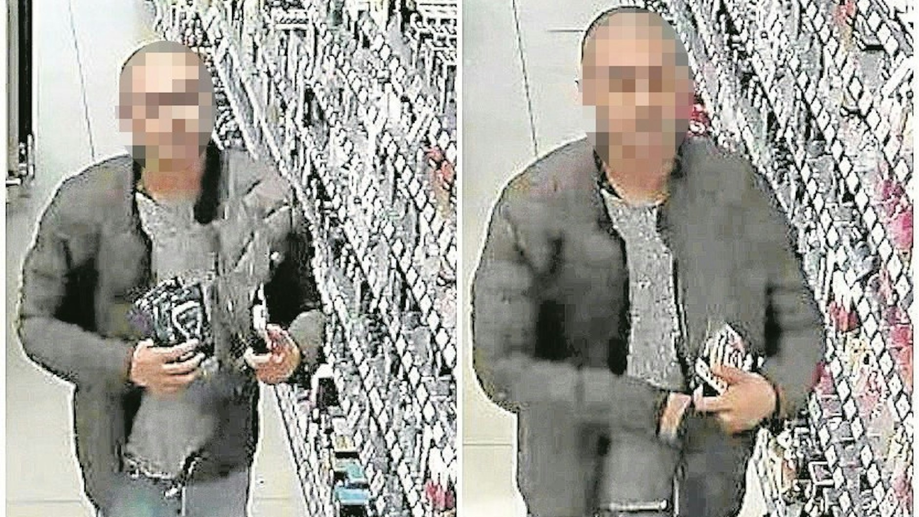 Ein mutmaßliches Mitglied einer Bande lässt Kosmetikartikel in seiner Jacke verschwinden.