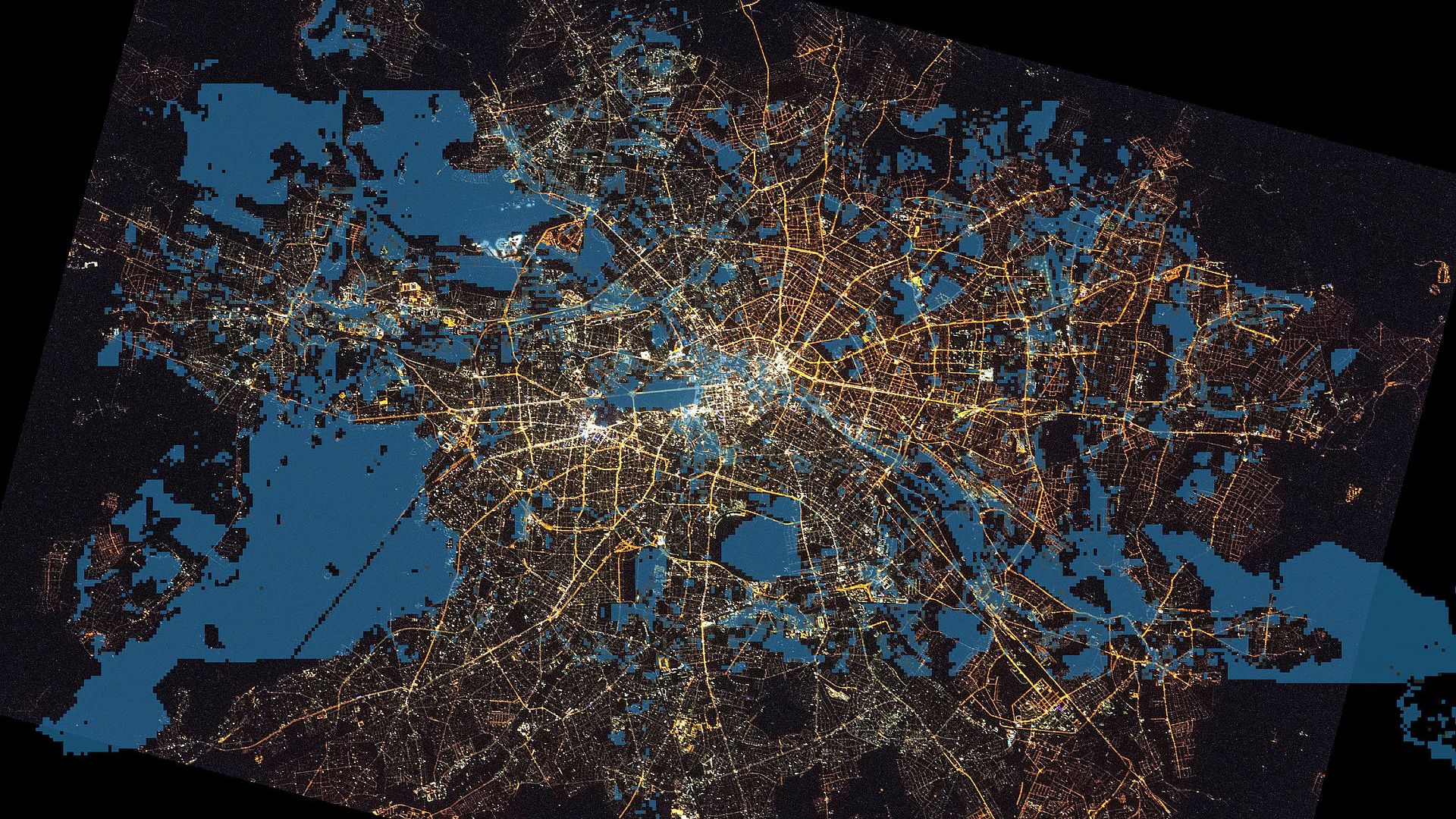 Dieses Bild zeigt, wo Berliner Fledermäuse bevorzugt jagen (blau). 