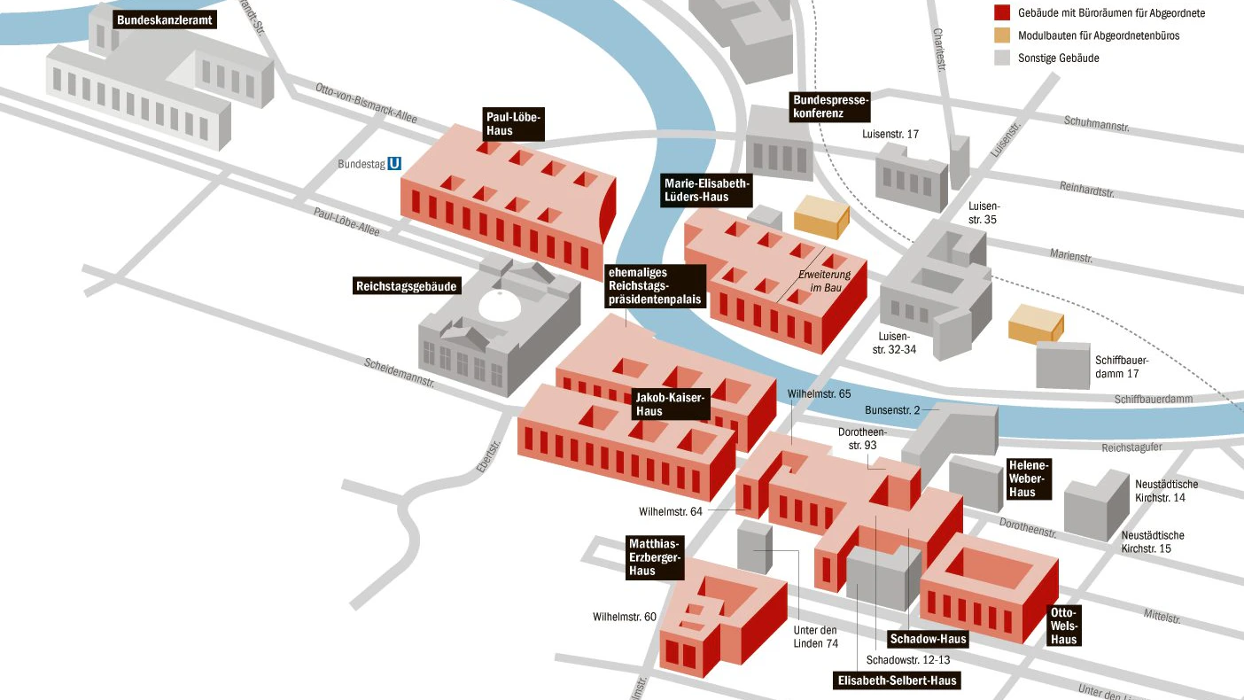 Mit Containern (gelb) soll das Regierungsviertel erweitertet werden.&nbsp;
