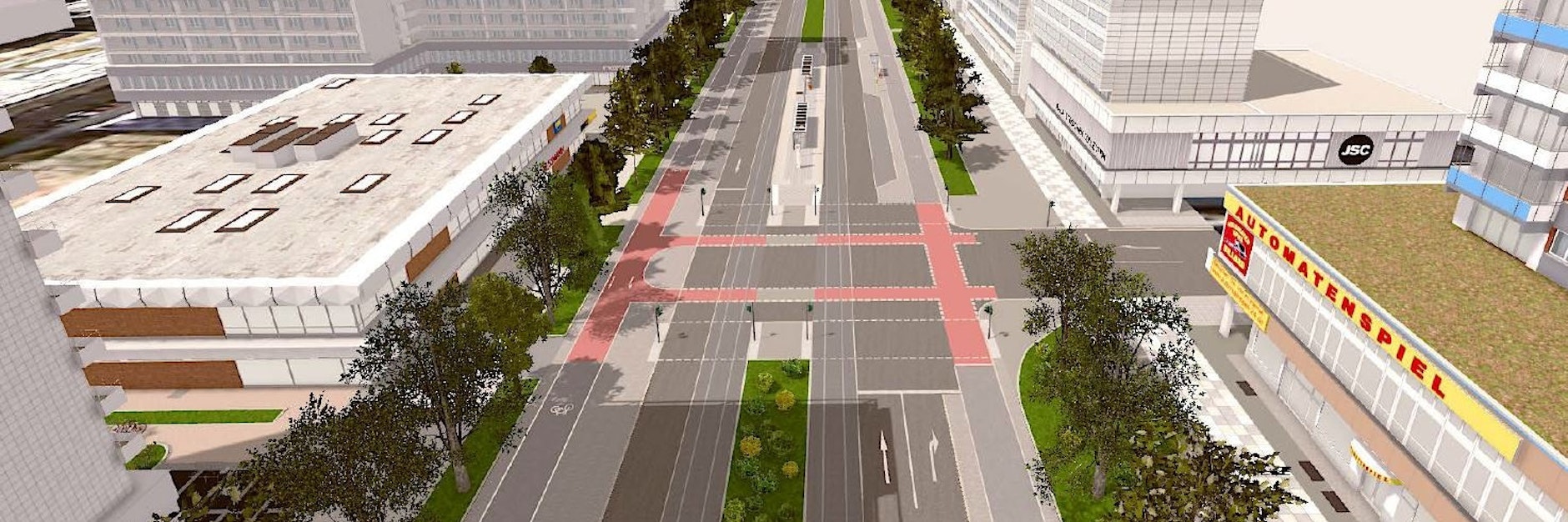 Die Simulation zeigt, wie der breite Teil der Leipziger Straße umgestaltet werden könnte. Autos bekommen weniger Platz.