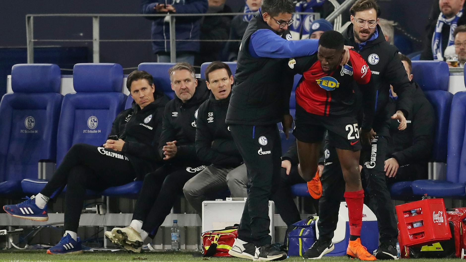 Die Szene am Spielfeldrand mit Hertha-Abwehrspieler Jordan Torunarigha (vorn) und Schalke-Trainer David Wagner (links).