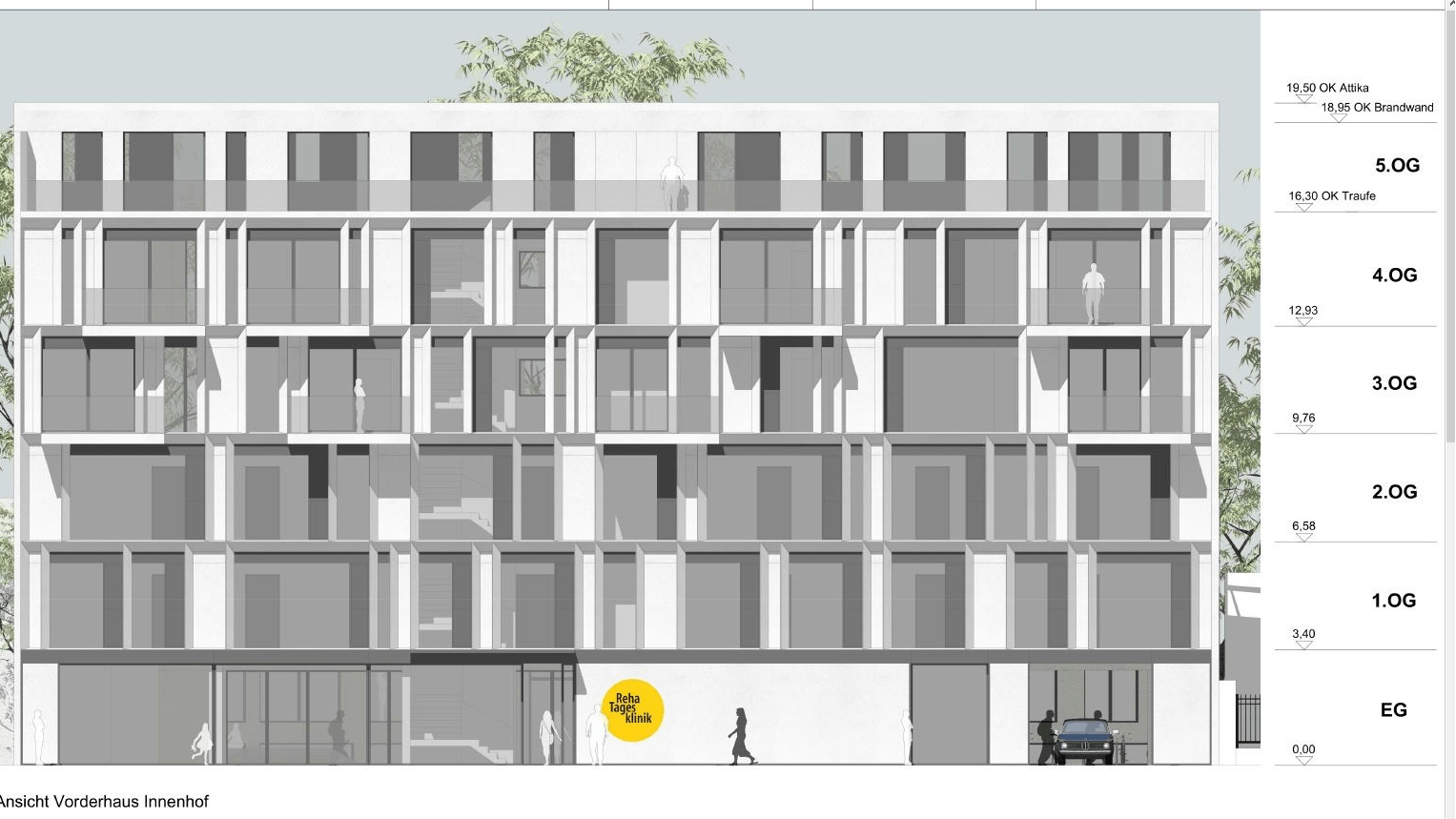 Auf drei Etagen soll die Reha-Tagesklinik, die bis jetzt im Forum Pankow an der Damerowstraße ihren Sitz hatte, einziehen, die weiteren Geschosse sind für Wohnungen zur Miete vorgesehen.