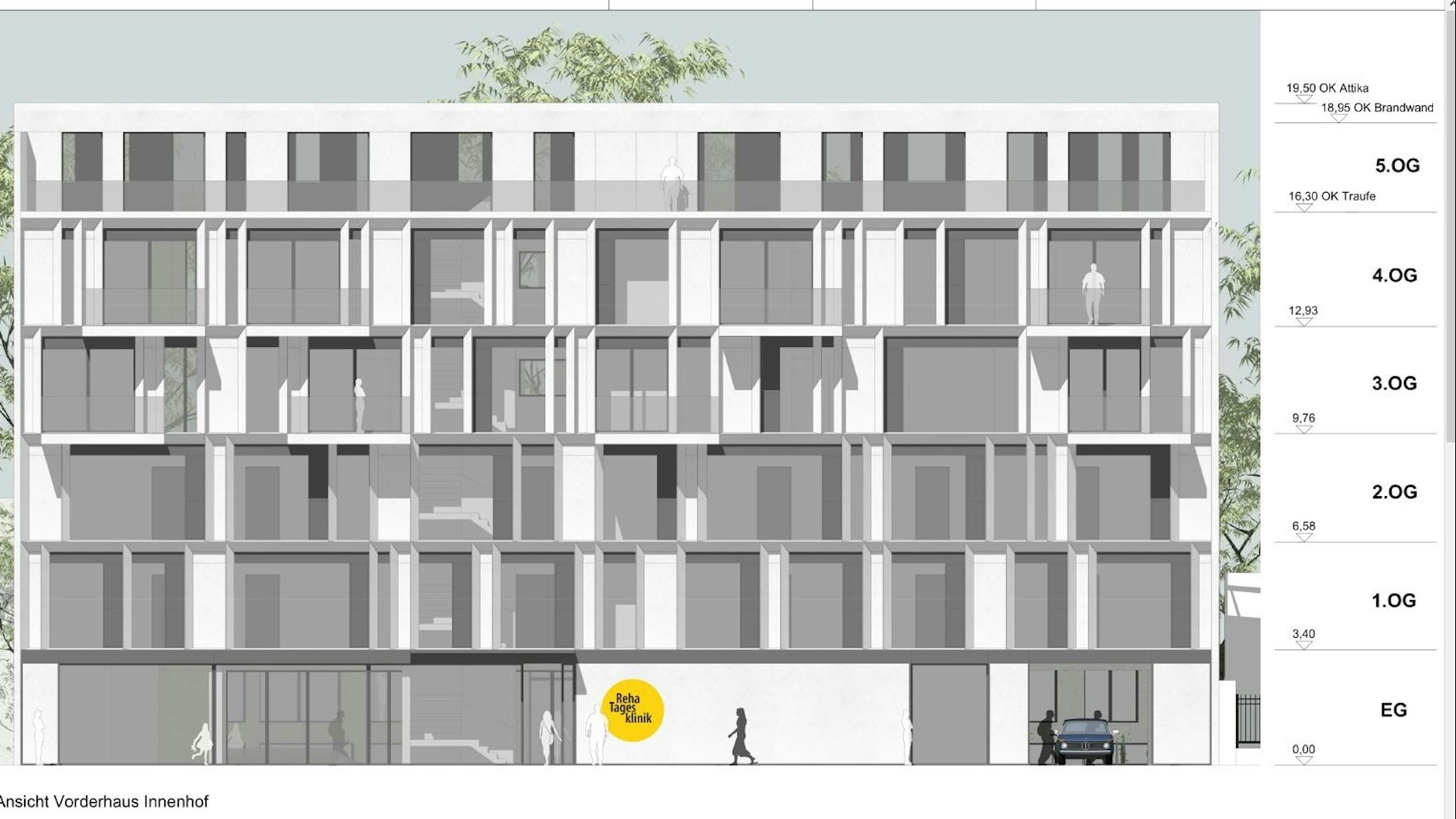 Auf drei Etagen soll die Reha-Tagesklinik, die bis jetzt im Forum Pankow an der Damerowstraße ihren Sitz hatte, einziehen, die weiteren Geschosse sind für Wohnungen zur Miete vorgesehen.