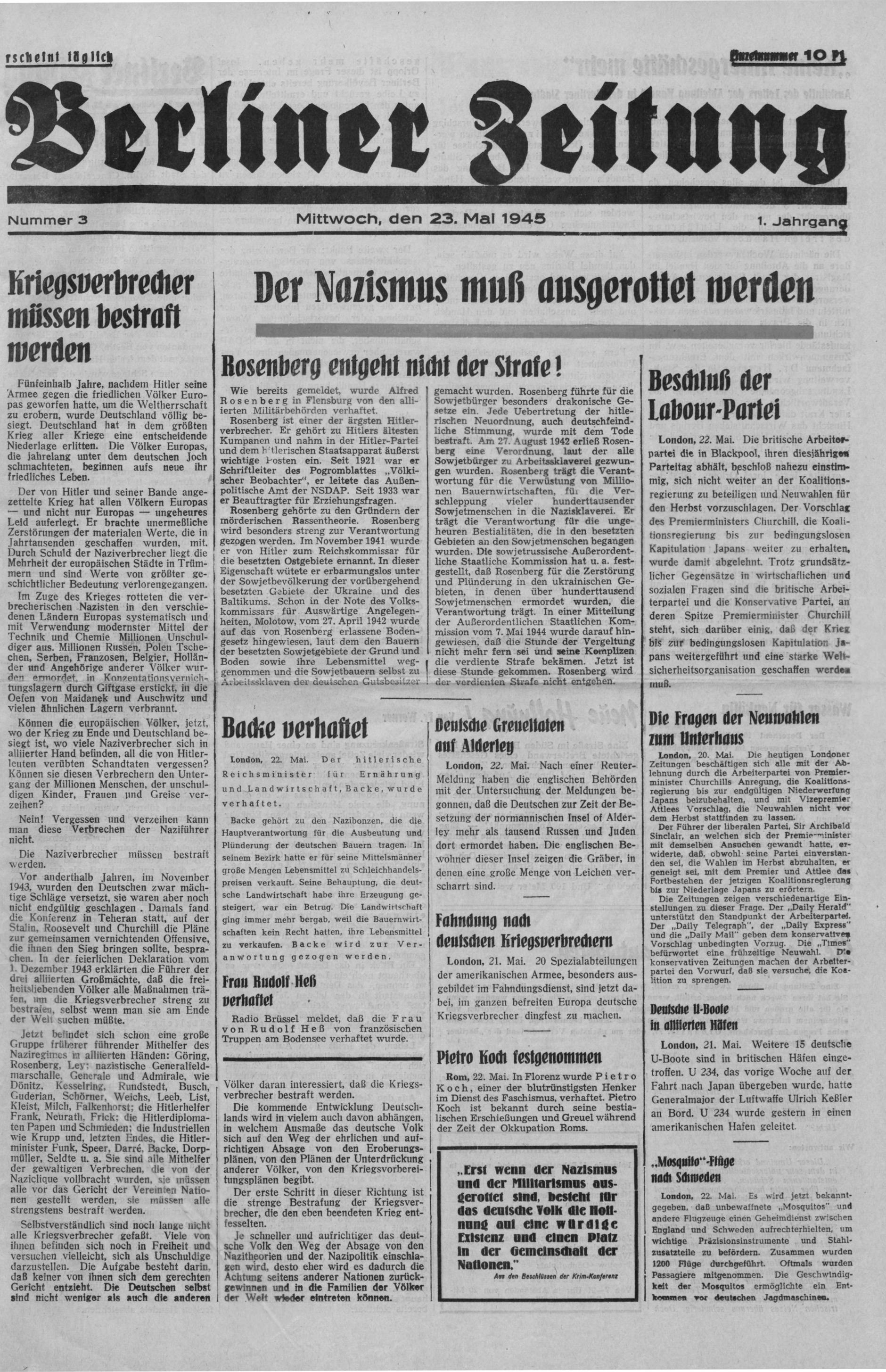 Ausgabe der Berliner Zeitung, 22. Mai 1945