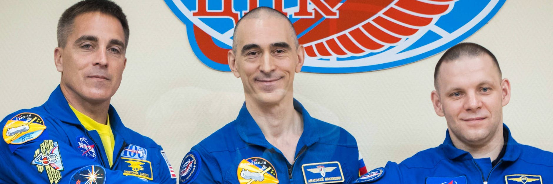 Astronaut Christopher Chris Cassidy (links) und die Kosmonauten Anatoly Ivanishin und Ivan Vagner Roscosmos