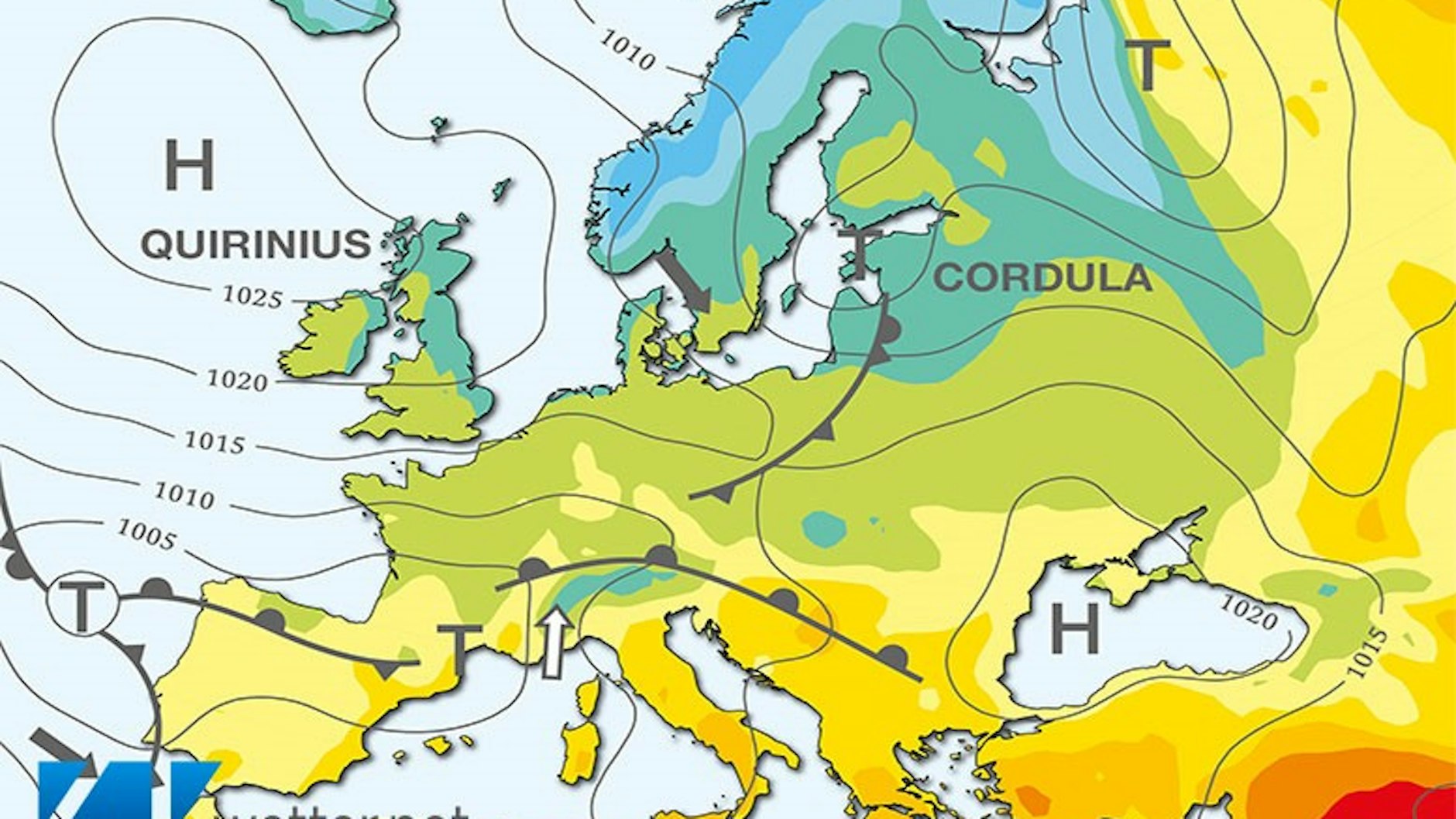 Die Wetterlage am heutigen Mittwoch: der Norden und die Mitte Deutschlands profitieren von Hoch Quirinus, der Süden dagegen bekommt Tiefdruckeinfluss ab.