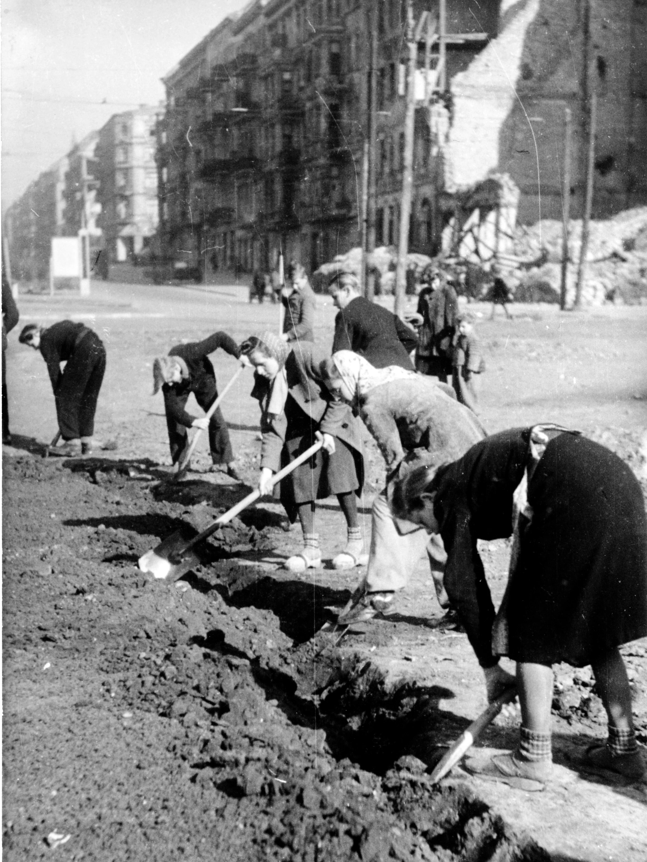 Angepflanzt auf Ruinen:  Im Sommer 1945 und 1946 werden überall in Berlin – so auch auf dem Baltenplatz, der wenig später nach dem ersten sowjetischen Stadtkommandanten von Berlin in Bersarinplatz umbenannt wird – Obst und Gemüse angebaut. Der Ertrag der provisorischen Beete ist allerdings allenfalls ein Tropfen auf den heißen Stein.