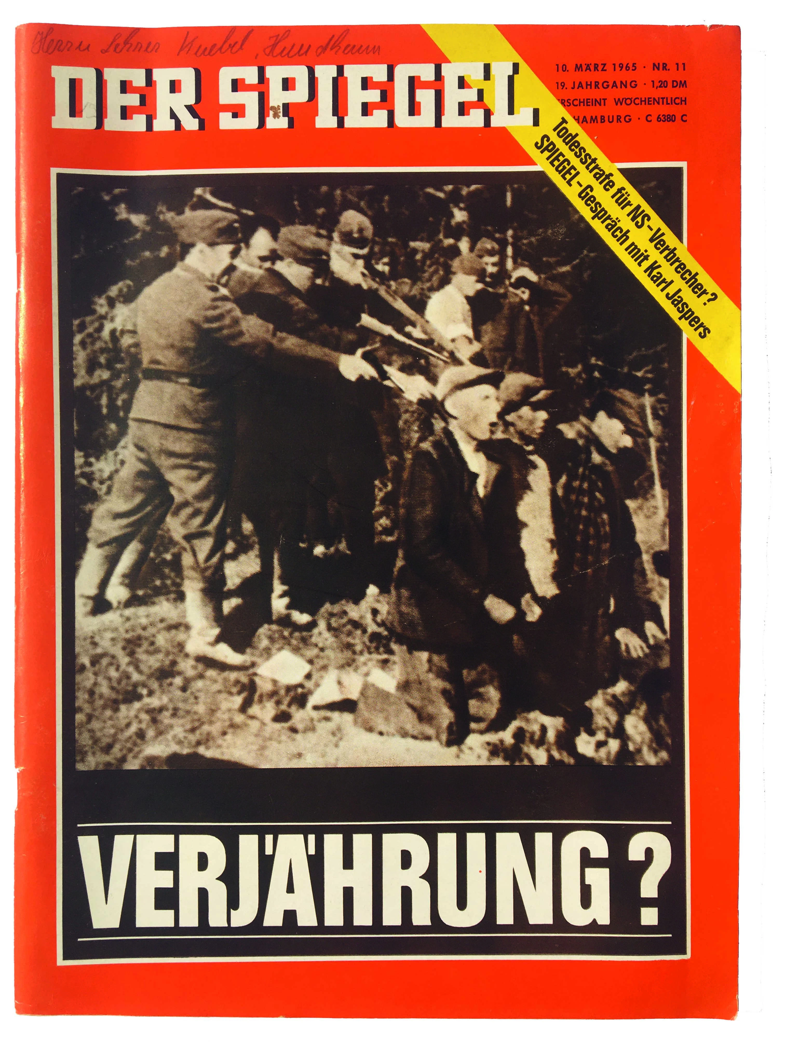 Titelblatt des „Spiegel“ (11/1965) zur ersten Verjährungsdebatte in der Bundesrepublik:&nbsp;Die Debatte führt letztlich zur Verlängerung der Verjährung von Mord, dem einzigen Delikt, das nach 1960 im Zusammenhang mit NS-Verbrechen verfolgbar blieb.