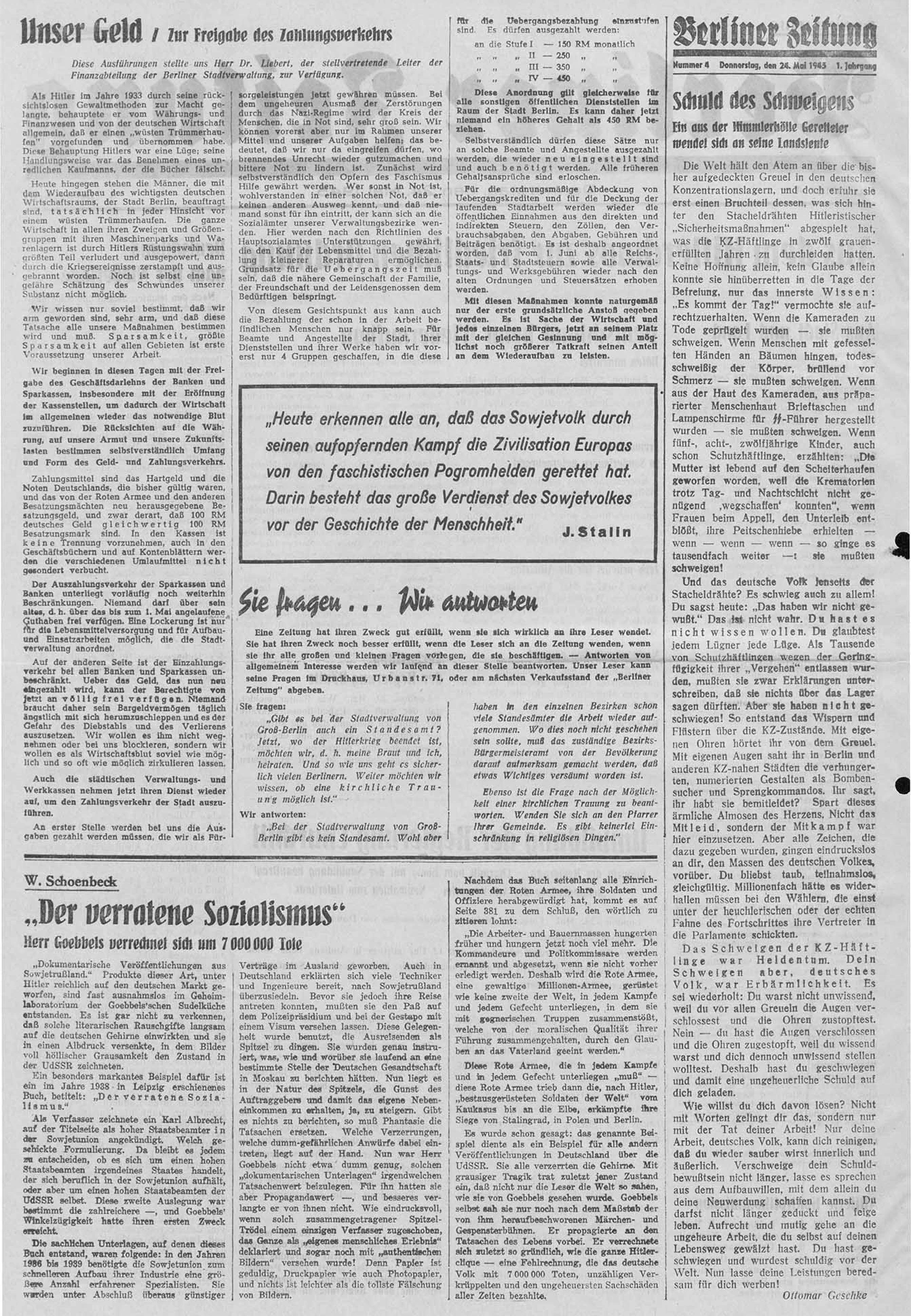 Die Berliner Zeitung vom 24. Mai 1945.