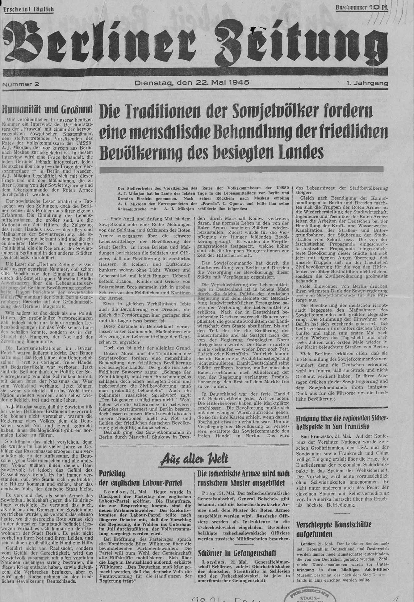 Die Berliner Zeitung vom 22. Mai 1945