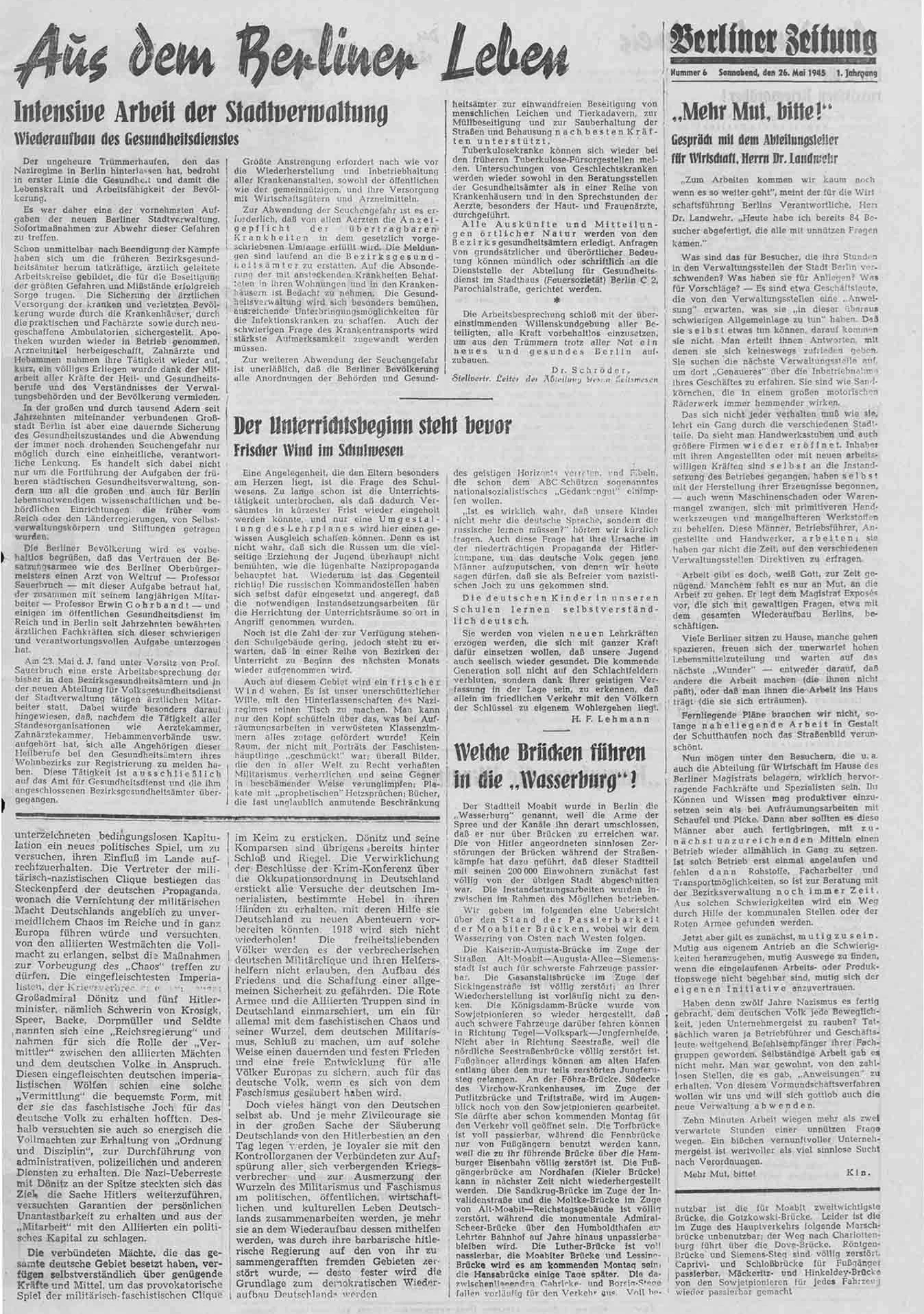 Die Berliner Zeitung vom 26. Mai 1945&nbsp;