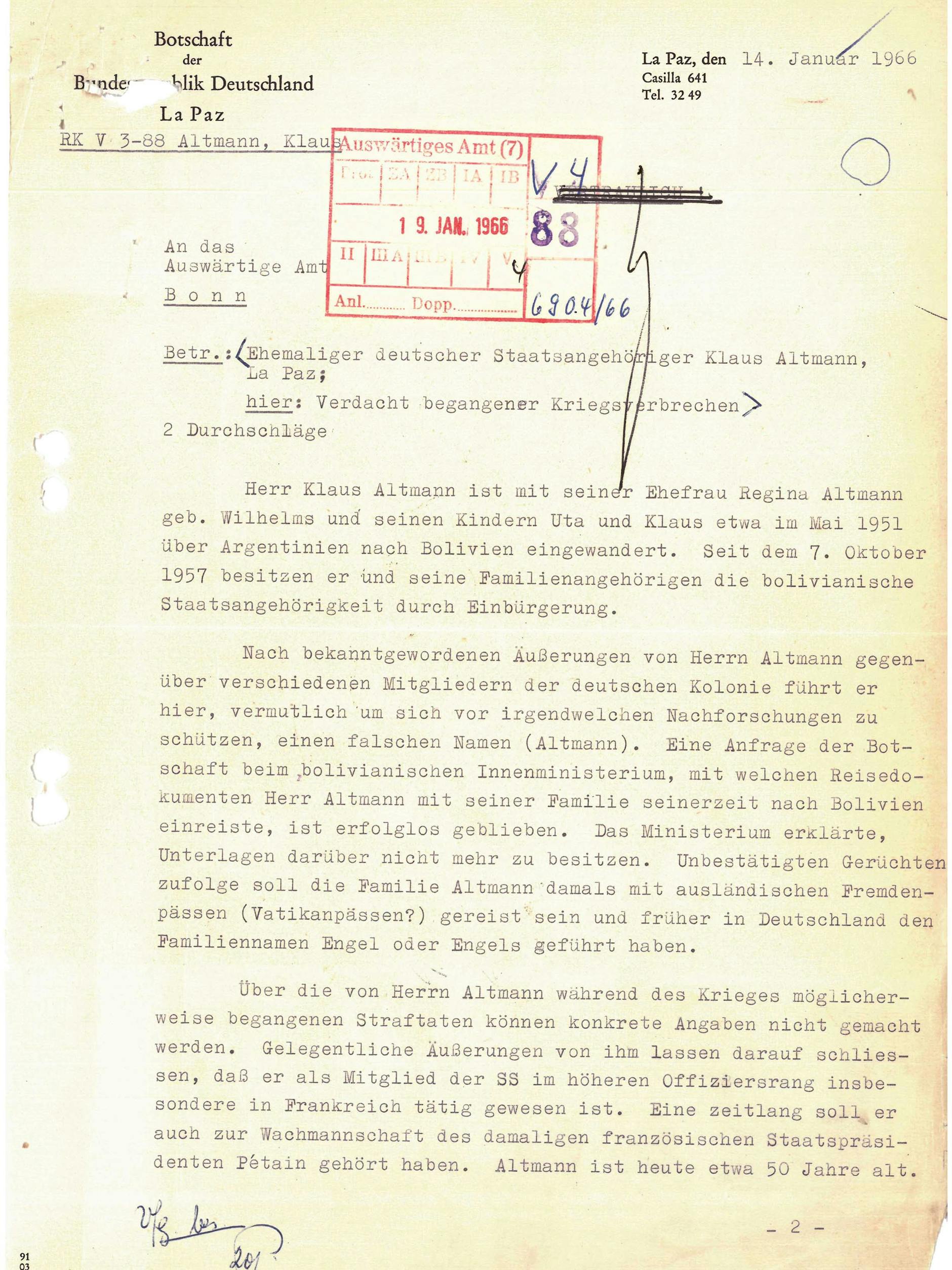 Schreiben der Deutschen Botschaft in Bolivien an das Auswärtige Amt vom 14. Januar 1964 ...