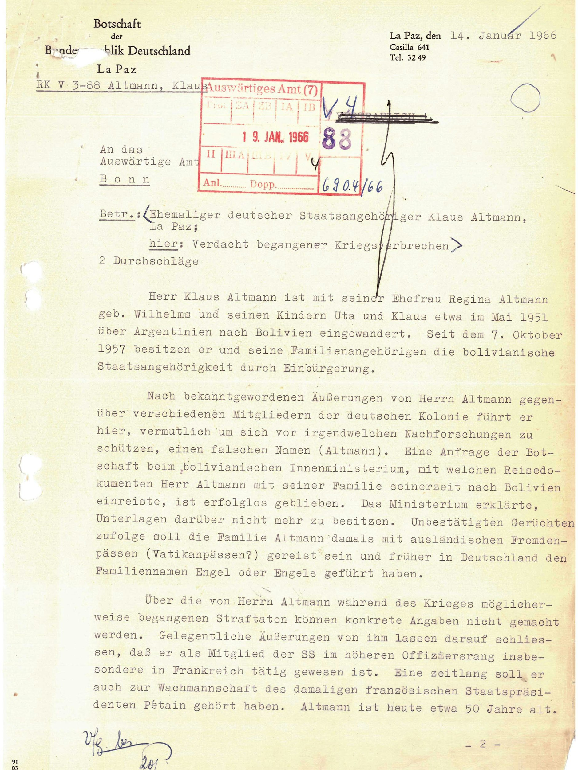 Schreiben der Deutschen Botschaft in Bolivien an das Auswärtige Amt vom 14. Januar 1964 ...