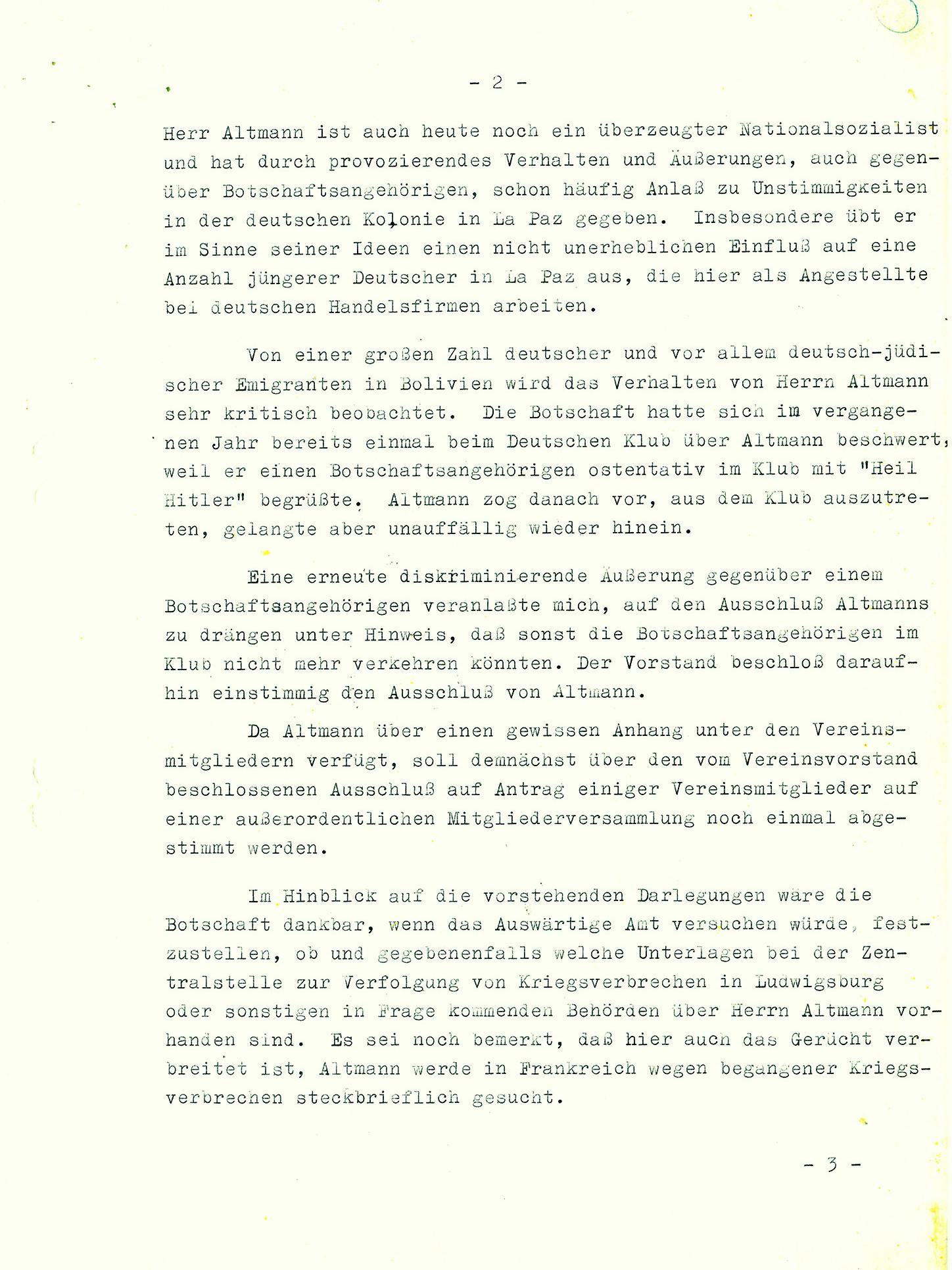 ... geteilt werden hier Beobachtungen und Einschätzungen über Klaus Barbie, der sich inzwischen Klaus Altmann nennt.
