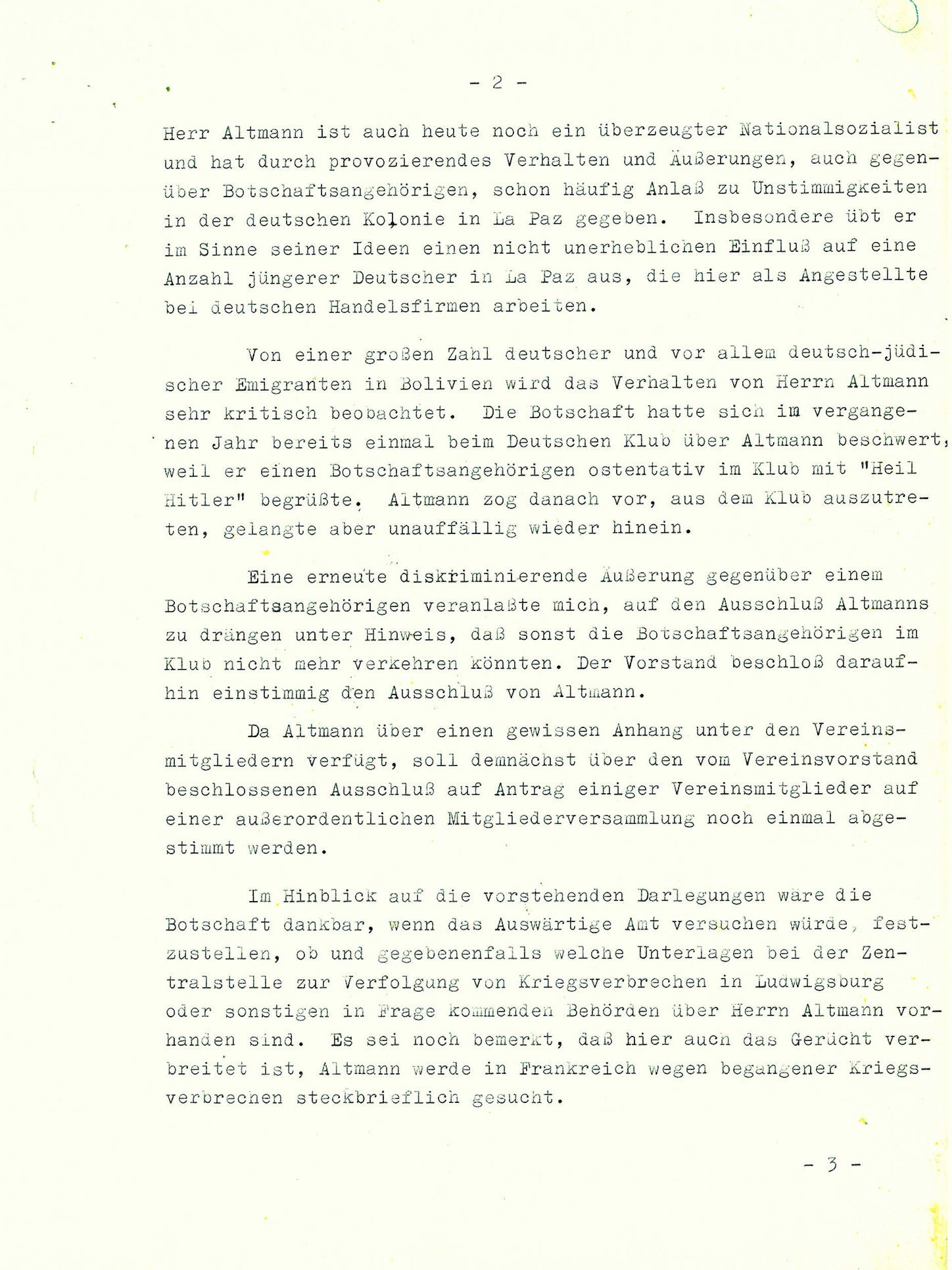 ... geteilt werden hier Beobachtungen und Einschätzungen über Klaus Barbie, der sich inzwischen Klaus Altmann nennt.