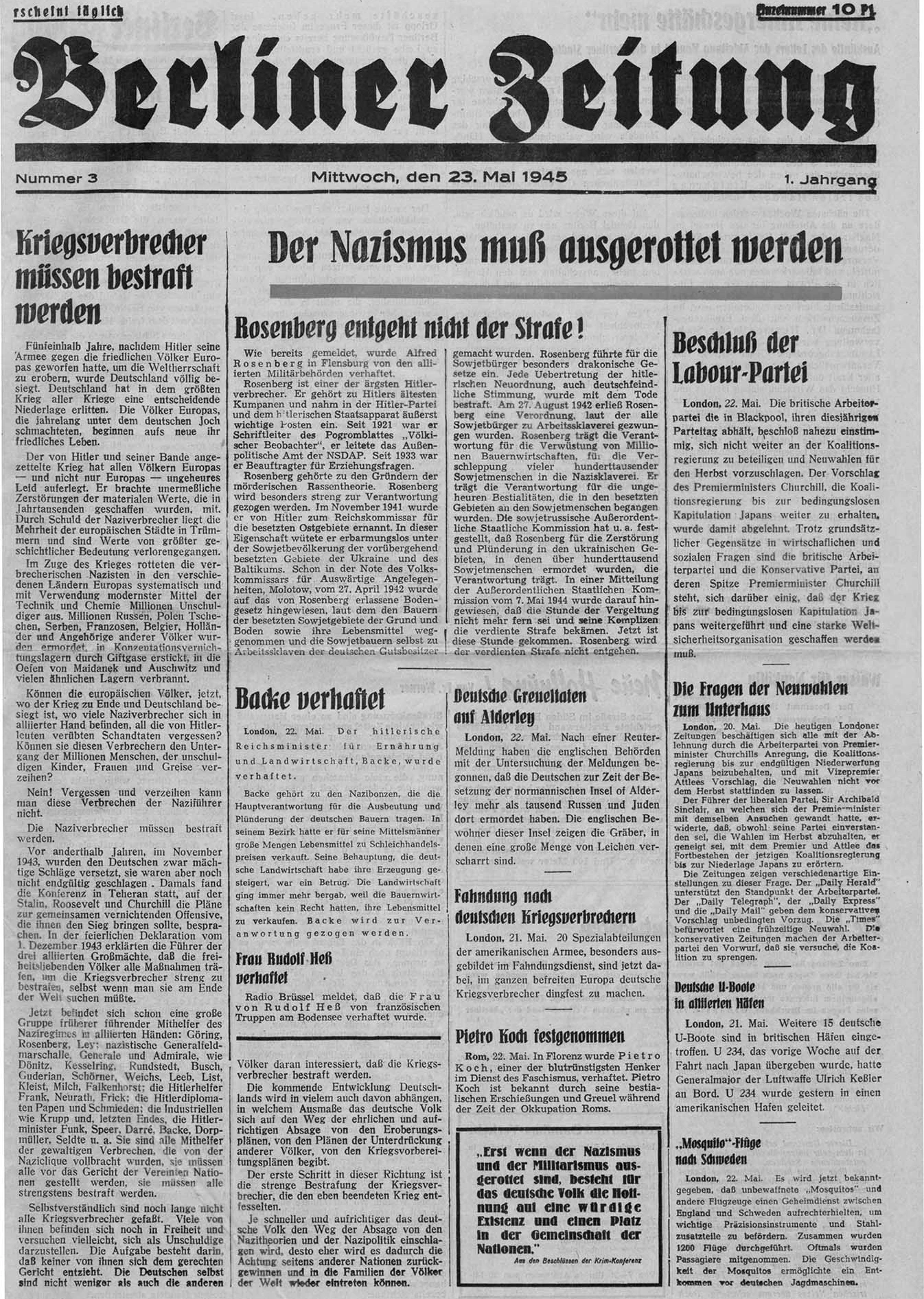 Die Berliner Zeitung vom 23. Mai 1945