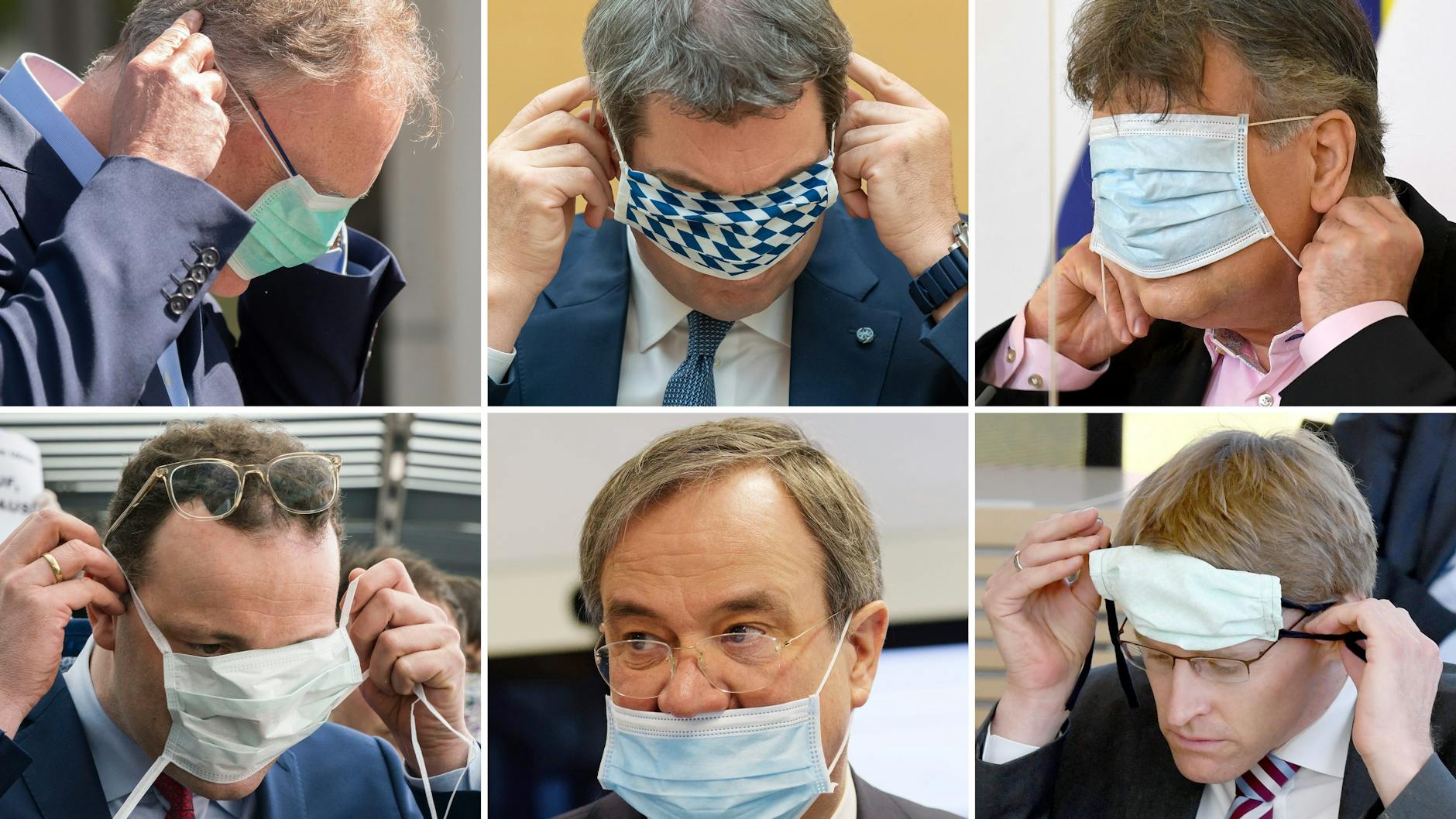 Auch das Anlegen der Masken will geübt sein. Anfangs hatten viele Politiker damit ihre liebe Not. Nordrhein-Westfalens Ministerpräsident Armin Laschet (CDU) ließ die Nase unbedeckt, erntete Spott. Die Herren im Uhrzeigersinn: Stephan Weil (SPD), Ministerpräsident Niedersachsens, Bayerns Markus Söder (CSU), Daniel Günther (CDU), Regierungschef in Schleswig-Holstein, Werner Kogler (Grüne), Vizekanzler Österreichs, Laschet und Bundesgesundheitsminister Jens Spahn (CDU)