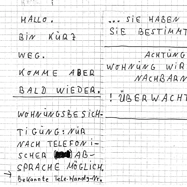 Der Notizzettel von Engelbert Danielsen, der an dessen Tür gefunden wurde.