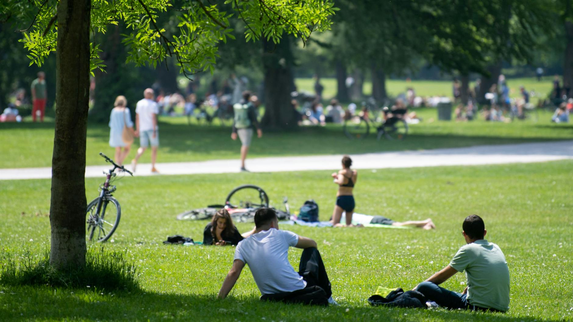 Menschen rasten mit Abstand zueinander auf den grünen Wiesen.