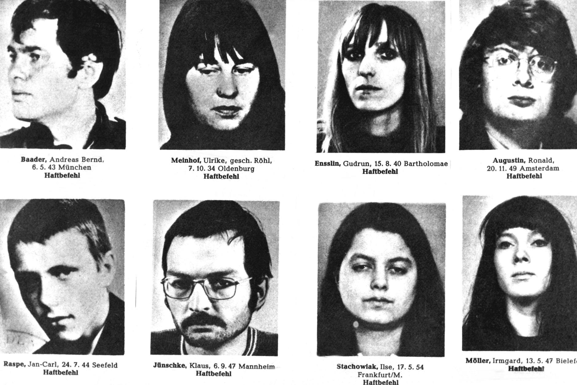 Gesichter des Terrors: Andreas Baader, Ulrike Meinhof und Gudrun Ensslin sind die führenden Köpfe der Roten Armee Fraktion, die sich 1970 gründet. Die hier abgebildeten RAF-Mitglieder werden zwischen 1972 und 1974 festgenommen.