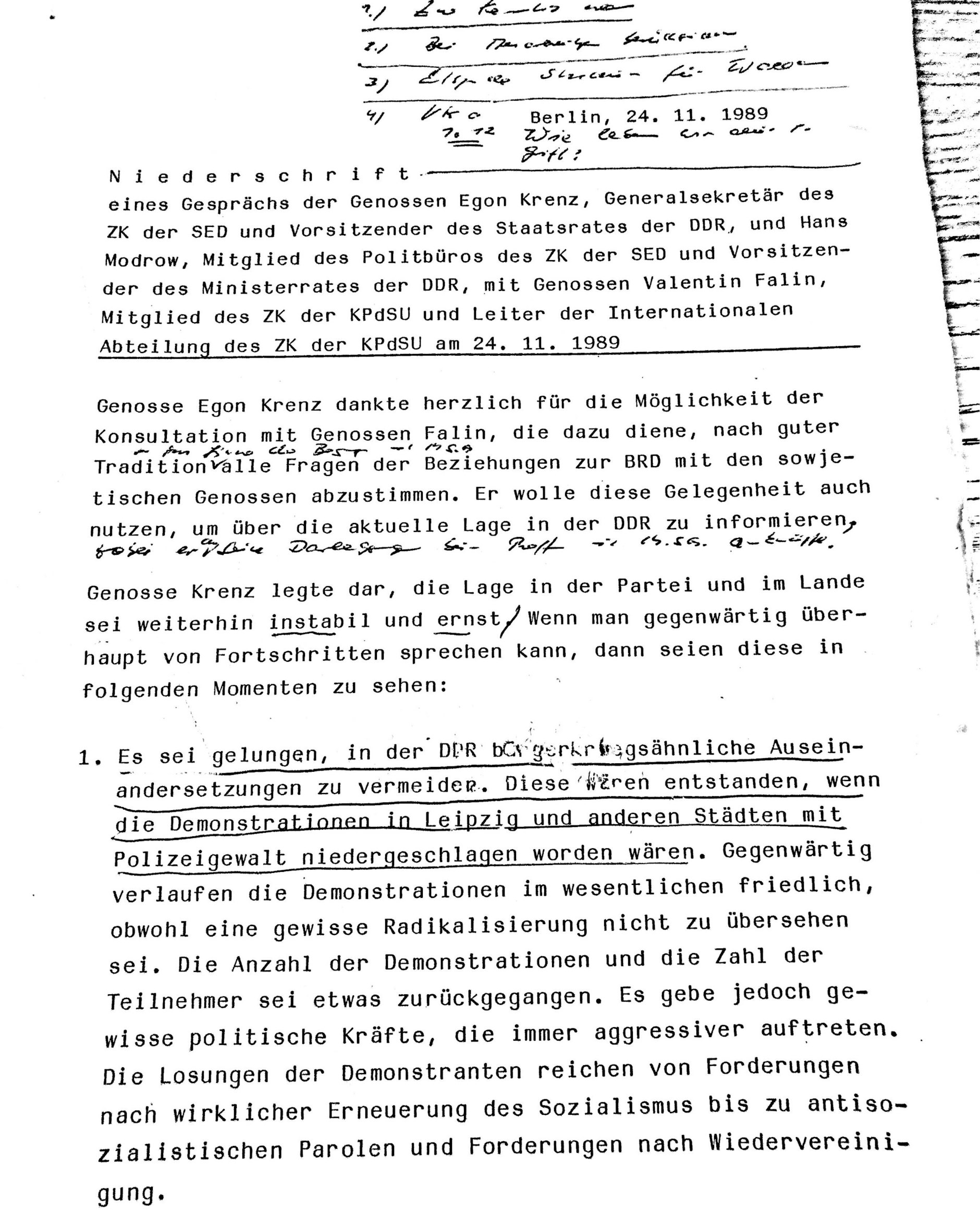 Die erste Seite der Niederschrift des geheimen Treffens am 24. November 1989 in der sowjetischen Botschaft in Berlin.