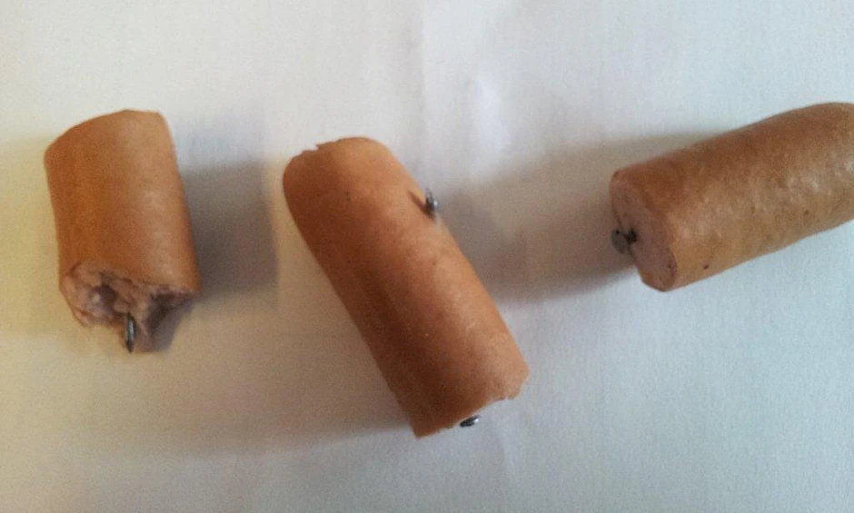 Diese Wurststückchen wurden mit Nägeln bestückt und als Köder ausgelegt.