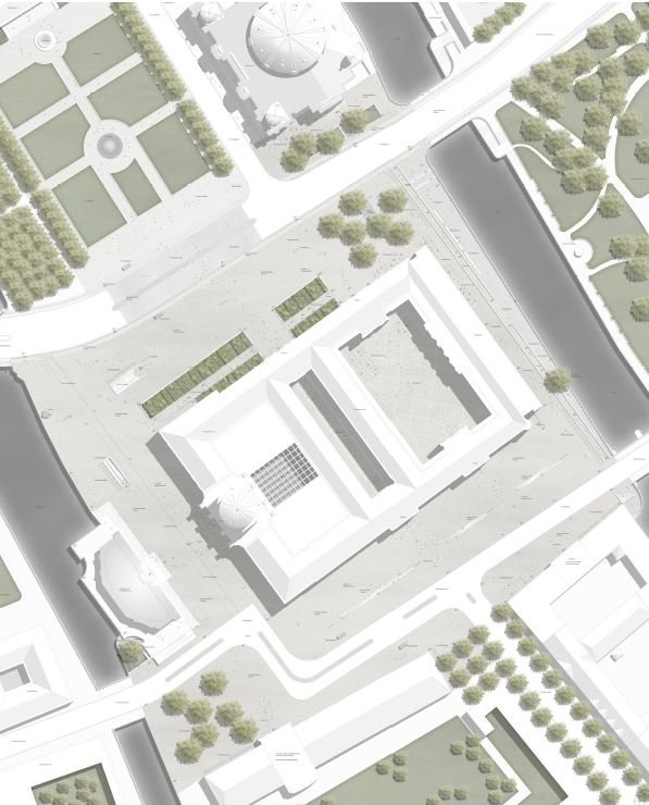 Der neue Schlossplatz soll einen Bodenbelag aus Kleinsteinpflaster erhalten. Die wenigen Bäume und Grünflächen weisen historische Bezüge auf. Sie werden dort angelegt, wo sich früher die Schlossterrassen, der Apothekerflügel und der Schlossgarten befanden.