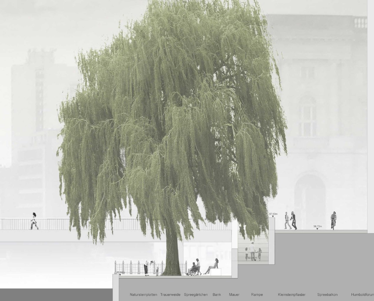 An der Stelle, wo sich früher der Schlossgarten befand, soll eine Trauerweide gepflanzt werden. Dieser Platz wird auch für Rollstuhlfahrer zu erreichen sein - über Rampen.