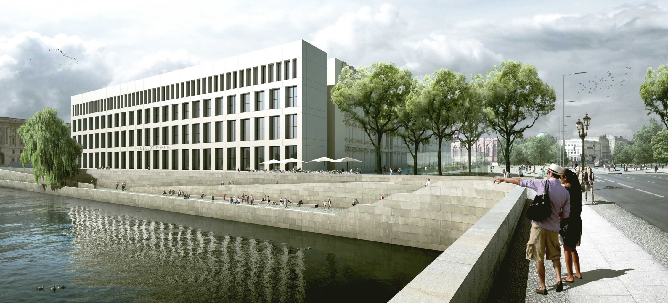 So soll die Umgebung des Schlosses von der Ostseite aussehen: Vor der Fassade, die hier modern gestaltet wird, verläuft ein Uferweg an der Spree, der über Rampen mit dem Erdgeschoss verbunden ist. Dort laden Cafés und Restaurants Besucher ein.