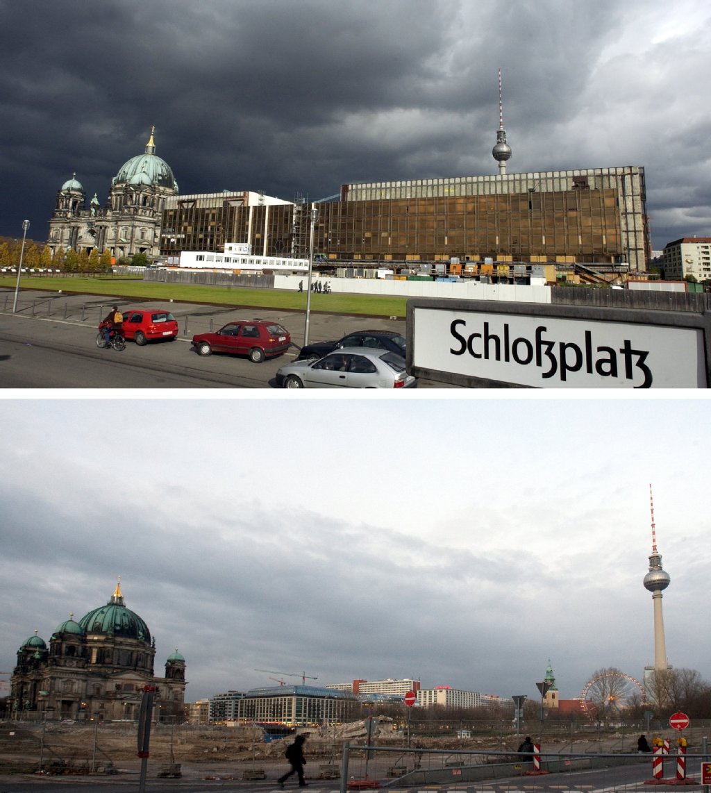 Vorher und nachher: Oben der Schlossplatz mit dem ehemaligen Palast der Republik, dem Berliner Dom und dem Fernsehturm (Archivfoto vom 24.10.2002) und unten das gleiche Areal auf einem Archivfoto vom 02.12.2008.
