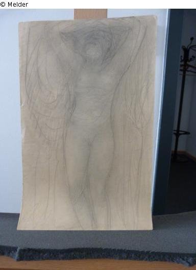 Auguste Rodin: "Etude de femme nue debout, les bras relevés, les mains croisées au-dessus de la tête", undatierte Zeichnung