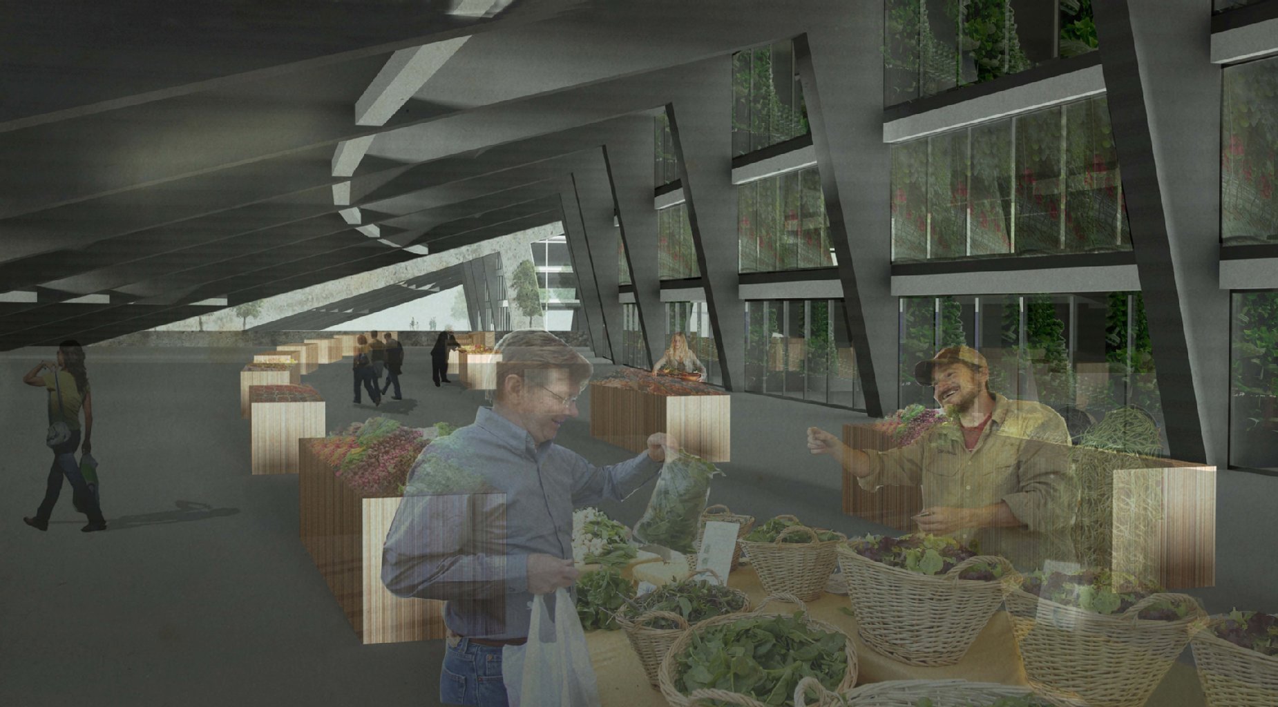 Unter einer terrassenartigen Bebauung: Markthalle für die Nahversorgung der Bewohner.