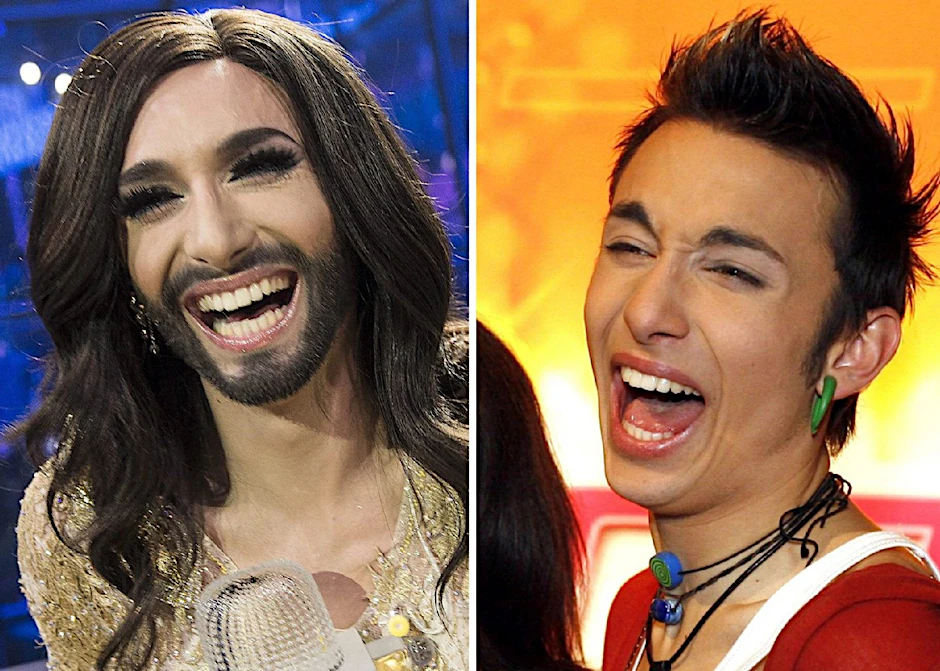 Conchita Wurst nach dem ESC-Sieg mit Bart und langen Haaren (l) und als Tom Neuwirth ohne Bart und mit Kurzhaarfrisur in der dritten Staffel der ORF-Casting-Show "Starmania" im Jahr 2007.