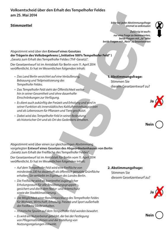 Oben Ja/unten Ja. Diese Variante ist möglich, aber inhaltlich unsinnig. Denn das Land kann unmöglich beides machen: Das Feld nicht antasten und gleichzeitig bauen. Beide Stimmen würden aber mitgezählt. Zweimal „Ja“ erhöht also zumindest die Wahrscheinlichkeit, dass einer der Entwürfe das Quorum von 25 Prozent der Wahlberechtigten erreicht. Wenn beide Gesetze das schaffen sollten, gilt der als angenommen, der die meisten Ja-Stimmen erhalten hat. Auch dabei würde dieses Votum also nicht helfen.