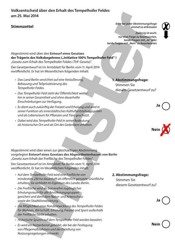 Oben Nein/unten enthalten: Ein solches Votum könnte abgeben, wer meint, dass das Land wegen steigender Mieten Wohnungen bauen muss, auch auf dem Feld. Den Vorschlag der Bürgerinitiative lehnen sie als falsch ab. Die Senatspläne überzeugen sie aber auch nicht, etwa weil sie noch zu vage sind oder zu wenig Sozialwohnungen entstehen sollen. Deshalb können sie sich zu einem „Ja“ bei der zweiten Frage nicht durchringen. Diese Variante macht es wahrscheinlicher, dass keines der Gesetze durchkommt.