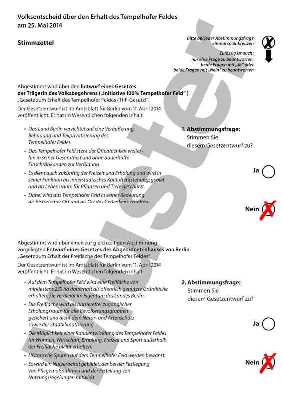 Oben Nein/unten Nein: Wer alles nicht überzeugend findet, etwa weil er sich auf dem Feld auch schattenspendende Bäume wünscht oder zum Beispiel ein Gegner der geplanten Landesbibliothek ist, kann natürlich beide Entwürfe ablehnen. Man sollte dabei aber bedenken, dass dann formal das weiter gilt, was der Senat bisher beschlossen hat: der „Masterplan“ zur Randbebauung, also die groben Pläne für rund 4 700 Wohnungen, Freizeiteinrichtungen, Kitas, die Landesbibliothek und Gewerbegebiete.