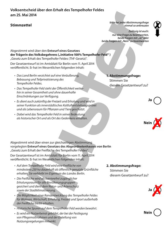 Oben Nein/unten Ja: Wer will, dass an den Rändern landeseigene Wohnungen entstehen, sollte diese Variante wählen. Auch das Gesetz des Abgeordnetenhauses (zweite Frage) braucht 625 000 Ja-Stimmen. Wird das Quorum erreicht, wäre zugleich eine Freifläche von 230 Hektar in der Mitte gesichert. Konkrete Bauvorhaben sind im Parlamentsgesetz nicht enthalten, diese werden in den kommenden Jahren erst noch beraten. Umstritten ist, auch zwischen SPD und CDU, vor allem der Neubau der Landesbibliothek.