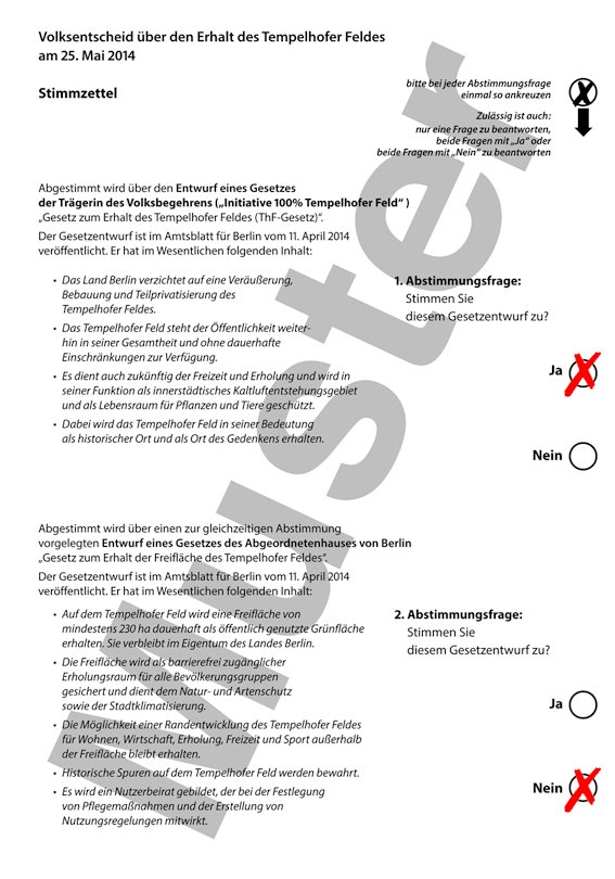 Oben Ja/unten Nein: Mit dieser Variante votiert man am entschiedensten für den Plan der Bürgerinitative „100 Prozent Tempelhofer Feld“ (erste Abstimmungsfrage). Kommen rund 625 000 Ja-Stimmen für deren Entwurf zusammen, muss das Volksgesetz unverändert in Kraft gesetzt werden. Das Tempelhofer Feld bliebe auf absehbare Zeit so wie es heute ist: eine Freifläche. Der Senat und die ihn tragenden Fraktionen von SPD und CDU müssten ihre Pläne zur Randbebauung komplett aufgeben.