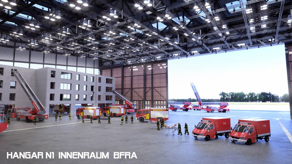 Übung im Hangar: Die Feuerwehr will in der großen Flugzeughalle Rettungseinsätze trainieren. Diese Computersimulation zeigt, wie es aussehen könnte.