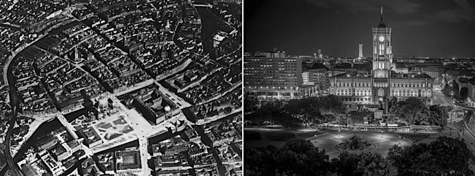 Das Luftbild der Berliner Mitte von 1920 zeigt den Raum zwischen Schloss, Marienkirche und Rotem Rathaus dicht bebaut. Rechts vom Schloss der Neptunbrunnen am Originalstandort – von dort abführend die Breite Straße Richtung Mühlendamm. Rechts oben das Stadthaus am Molkenmarkt und die Nikolaikirche.