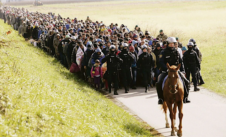 Ein berittener Poilzist führt eine Gruppe von Flüchtlingen nahe Dobova, Slowenien. 20. Oktober 2015. Inzwischen sollen auch deutsche Polizisten in Slowenien im Einsatz sein.