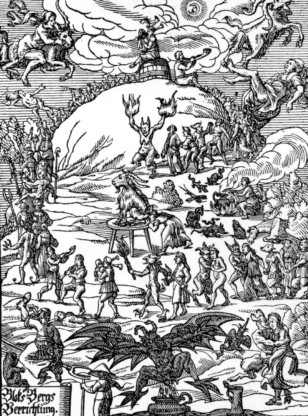 Das Bild zeigt "Bloks Bergs Verrichtung" von Johannes Praetorius von 1668. Das Treiben auf dem Blocksberg, dem Brocken, dominierte vor allem im 15. und 16. Jahrhundert die Vorstellung vom sogenannten Hexensabbat.