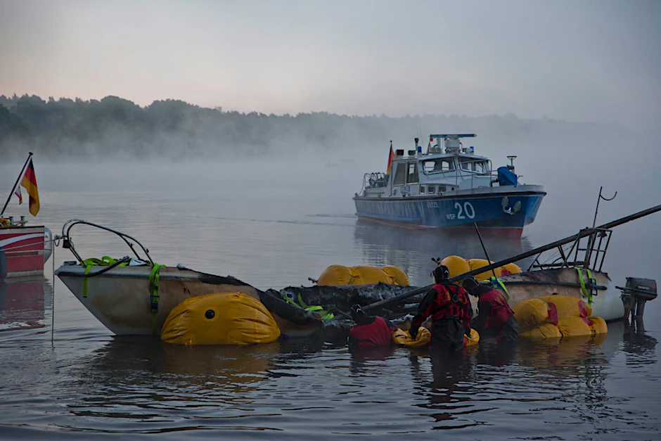 Bis in die Morgenstunden dauerte die Bergung des Bootes. Die Feuerwehr hielt das nicht mehr schwimmfähige Boot mit Luftsäcken über Wasser.
