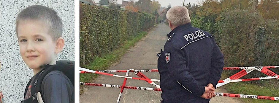 Ein Polizist steht vor einer Kleingartensiedlung in Luckenwalde (Brandenburg). Dort wird eine Gartenlaube im Zusammenhang mit dem Fall Elias durchsucht.